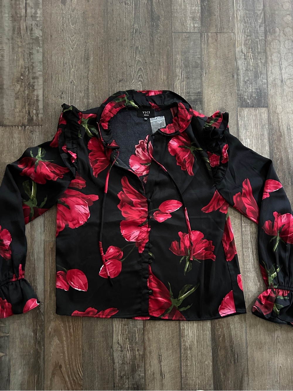 VICI Black Blouse with Red Floral Print